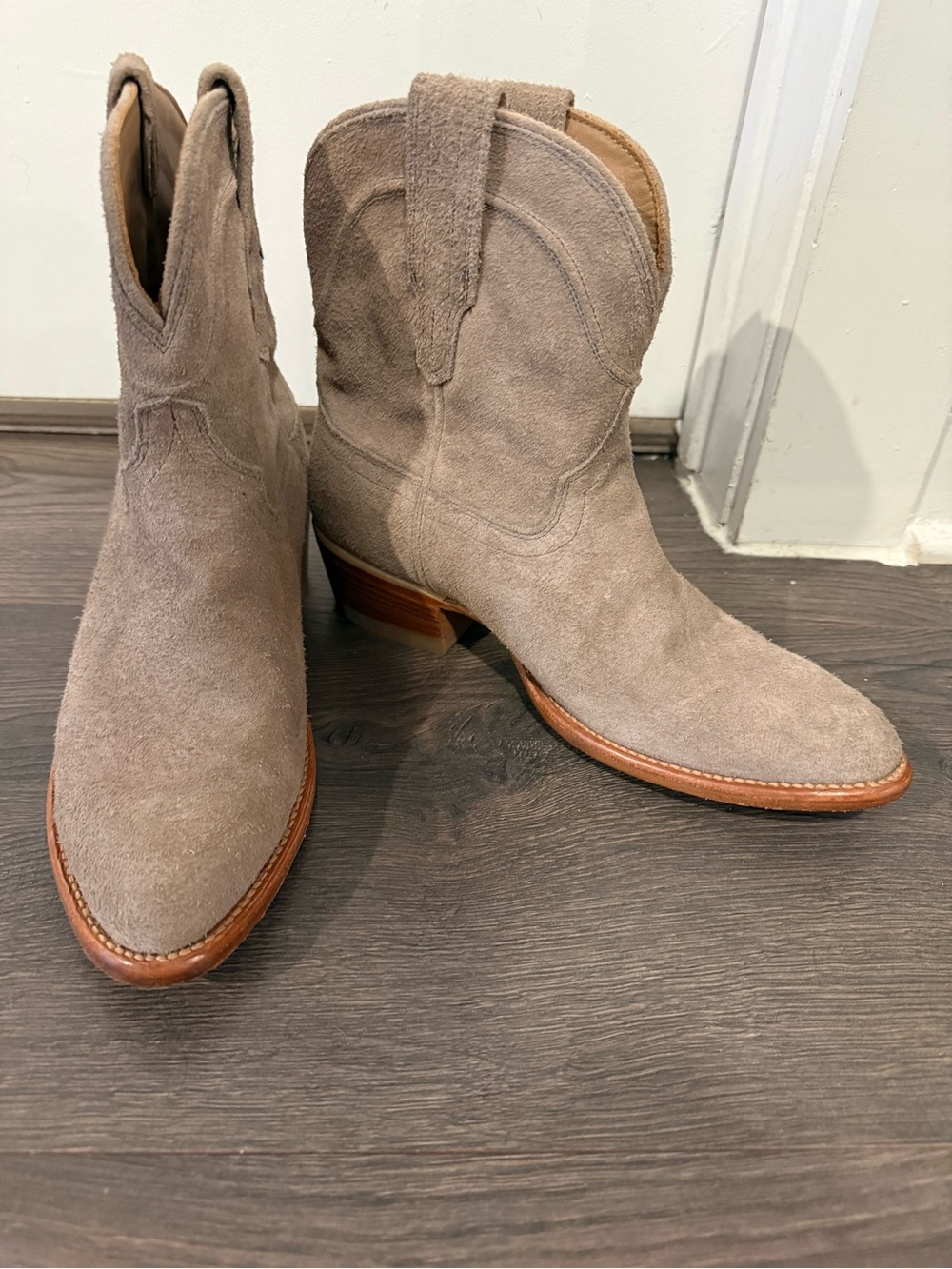 Tecova Lucy Suede Mid-Calf Western Boots - Taupe